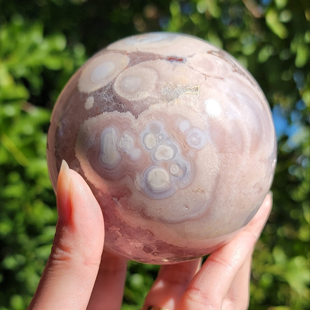 NEW 86MM (3.36") FLOWER AGATE WITH PINK AMETHYST SPHERE